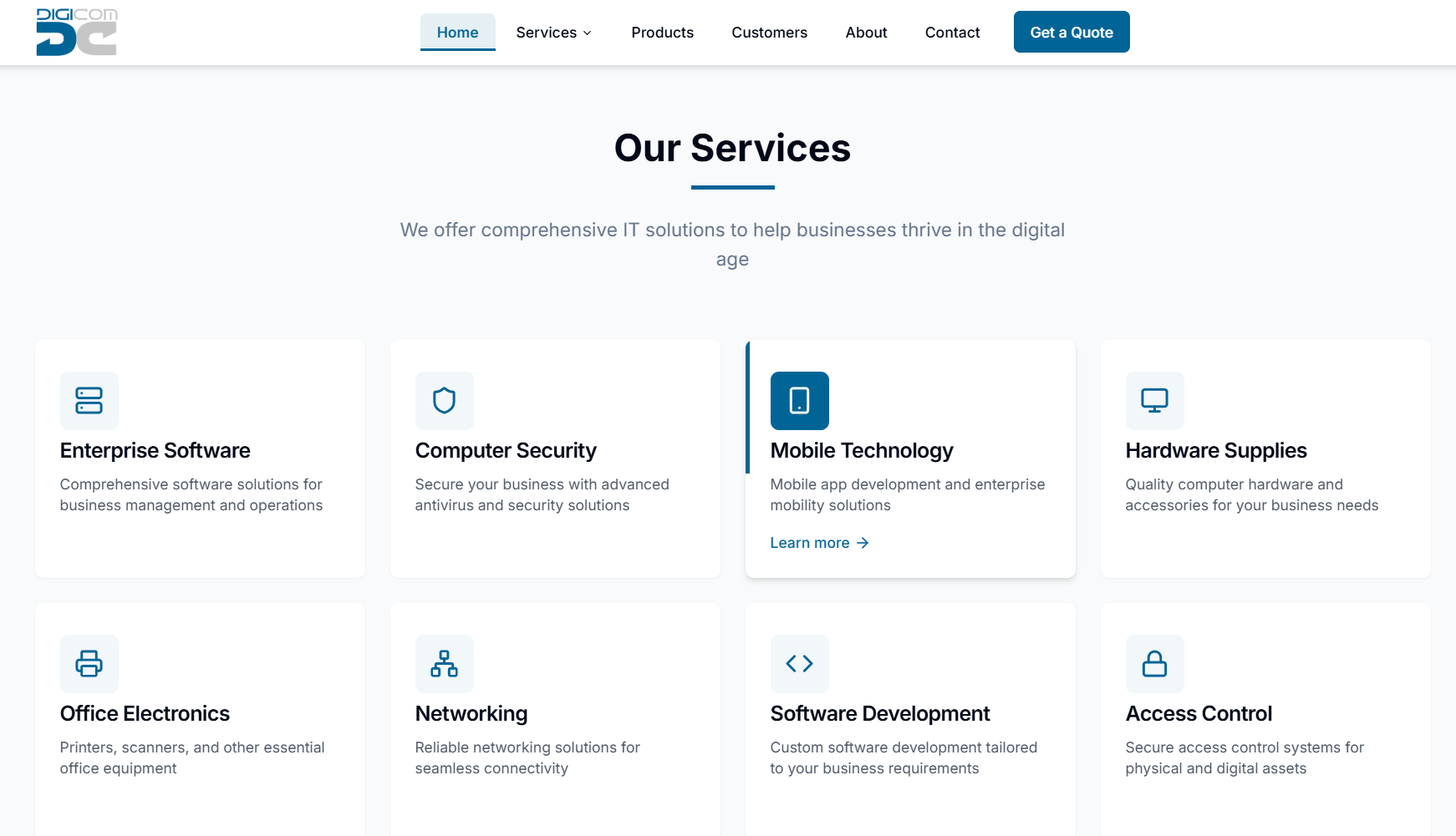 Modern web interface showing a services section with cards for different IT solutions